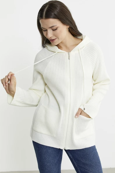 Kapüşonlu Tam Fermuarlı Yünlü Triko Hırka - Kemik - Resim 5