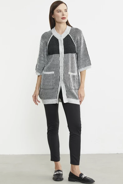 Kısa Kol Çıt Çıtlı Uzun Yünlü Triko Hırka - Gri - Resim 2