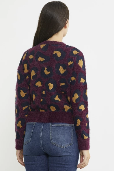 Leopar Desenli Sakallı Triko Hırka - Bordo - 5