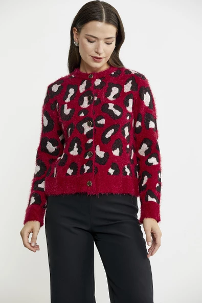Leopar Desenli Sakallı Triko Hırka - Kırmızı - 4