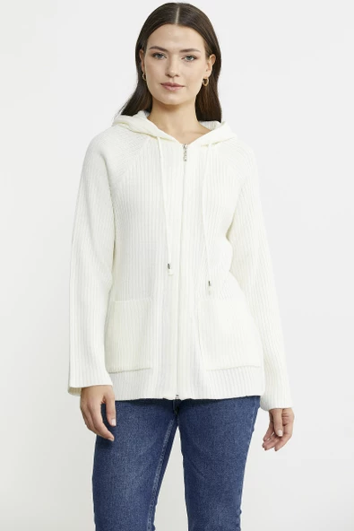 Kapüşonlu Tam Fermuarlı Yünlü Triko Hırka - Kemik - Resim 2