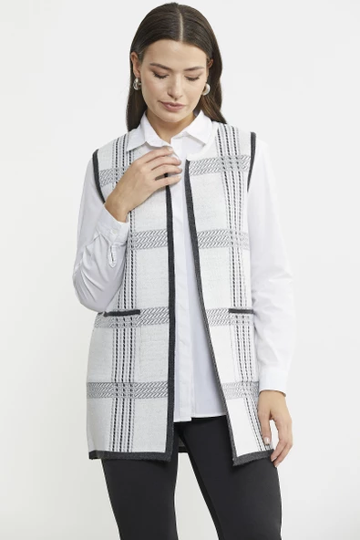 Dolu İğne Çift Renk Yünlü Triko Yelek - Beyaz - Resim 3