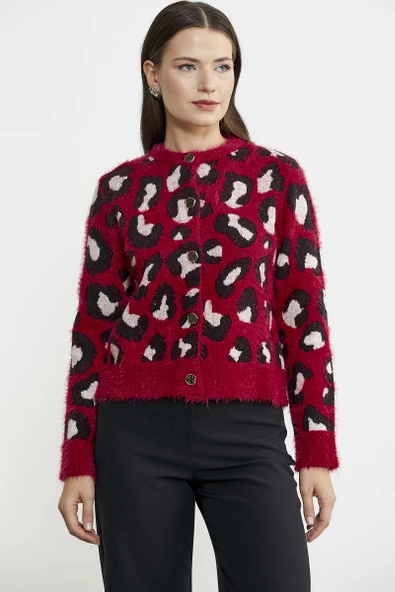 Leopar Desenli Sakallı Triko Hırka - Kırmızı - 2
