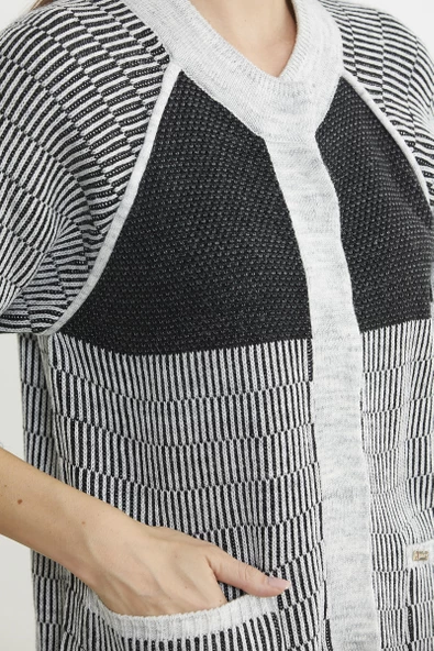 Kısa Kol Çıt Çıtlı Uzun Yünlü Triko Hırka - Gri - Resim 5