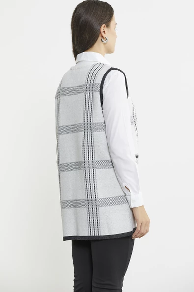 Dolu İğne Çift Renk Yünlü Triko Yelek - Beyaz - Resim 6