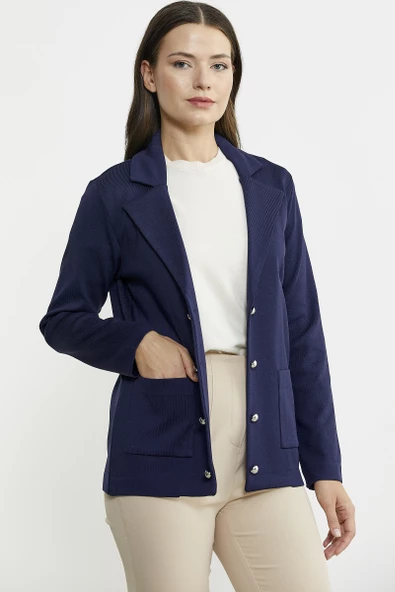 Şal Yaka Düğmeli Triko Ceket - Lacivert - Resim 5