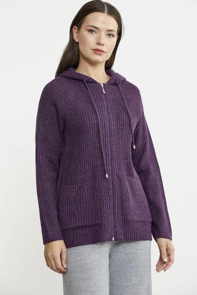 Kapüşonlu Tam Fermuarlı Yünlü Triko Hırka - Mor - Resim 3