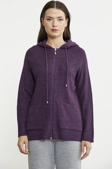 Kapüşonlu Tam Fermuarlı Yünlü Triko Hırka - Mor - Resim 2