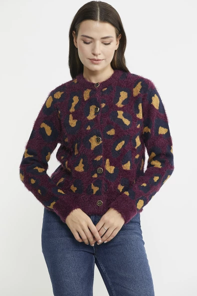 Leopar Desenli Sakallı Triko Hırka - Bordo - 4
