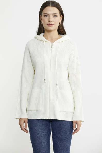 Kapüşonlu Tam Fermuarlı Yünlü Triko Hırka - Kemik ürün görseli