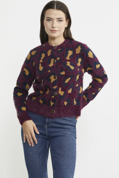 Leopar Desenli Sakallı Triko Hırka - Bordo - 3