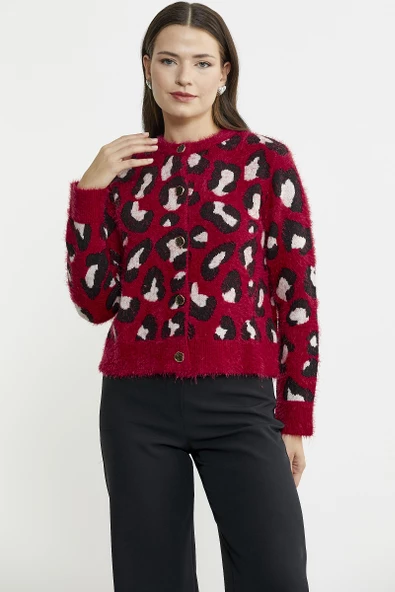 Leopar Desenli Sakallı Triko Hırka - Kırmızı - 3