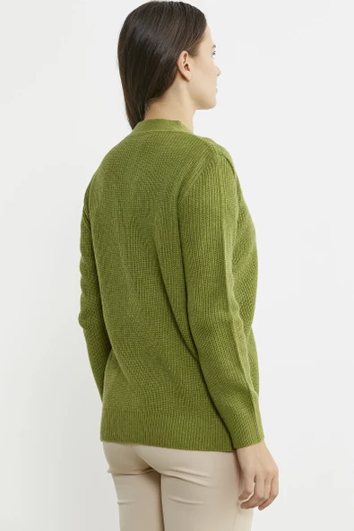 Kuruvaze Kuşaklı Yün Triko Hırka - Yeşil - Resim 5