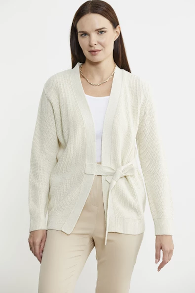 Kuruvaze Kuşaklı Yün Triko Hırka - Açık Bej - Resim 2