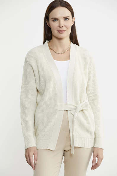 Kuruvaze Kuşaklı Yün Triko Hırka - Açık Bej - Resim 3