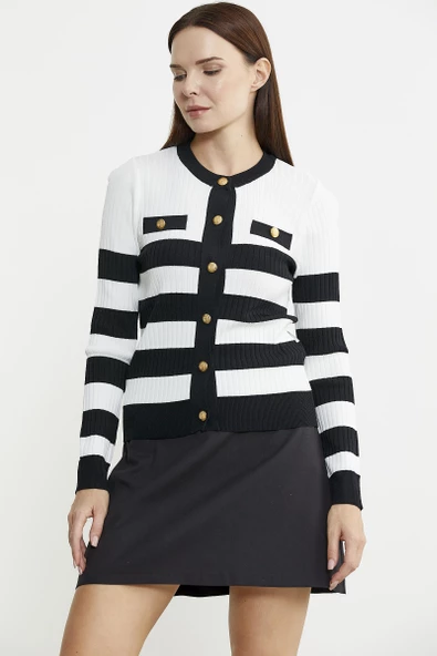 Blok Geçişli Çift Renk Triko Hırka - Siyah - 3