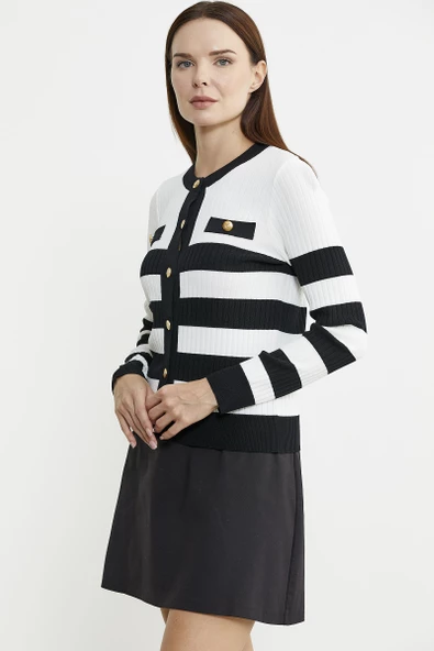 Blok Geçişli Çift Renk Triko Hırka - Siyah - 4