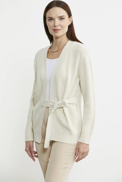 Kuruvaze Kuşaklı Yün Triko Hırka - Açık Bej - Resim 4