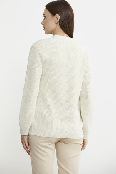 Kuruvaze Kuşaklı Yün Triko Hırka - Açık Bej - Resim 5