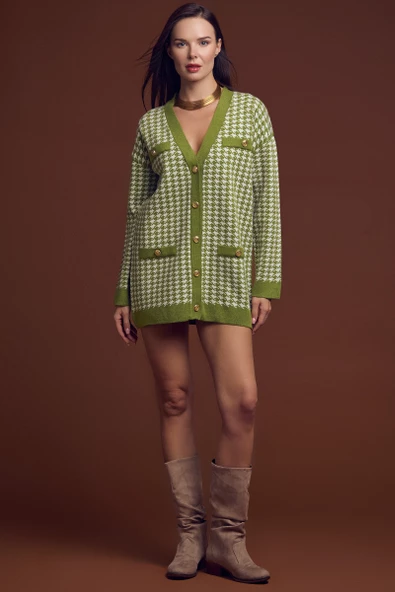 Kazayağı Motif Oversize Triko Ceket - Yeşil - 2
