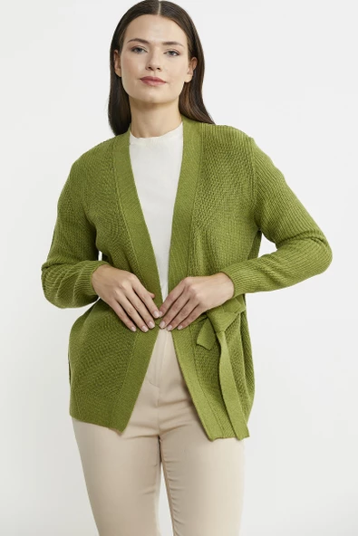 Kuruvaze Kuşaklı Yün Triko Hırka - Yeşil - Resim 3