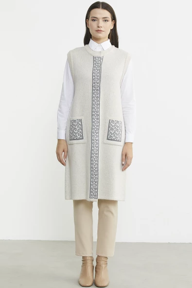 Çıt Çıtlı Uzun Yün Triko Yelek - Bej ürün görseli 1