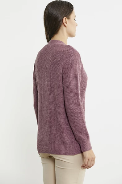 Kuruvaze Kuşaklı Yün Triko Hırka - Gül - Resim 5