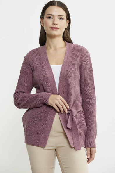 Kuruvaze Kuşaklı Yün Triko Hırka - Gül - Resim 2