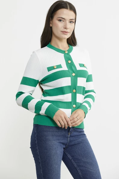 Blok Geçişli Çift Renk Triko Hırka - Yeşil - Resim 4