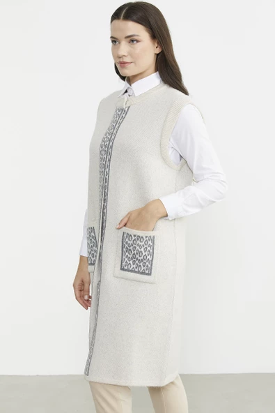 Çıt Çıtlı Uzun Yün Triko Yelek - Bej - Resim 4