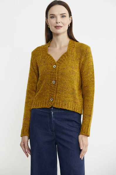 Kırçıllı Yaka Detaylı Yünlü Triko Hırka - Hardal - 3