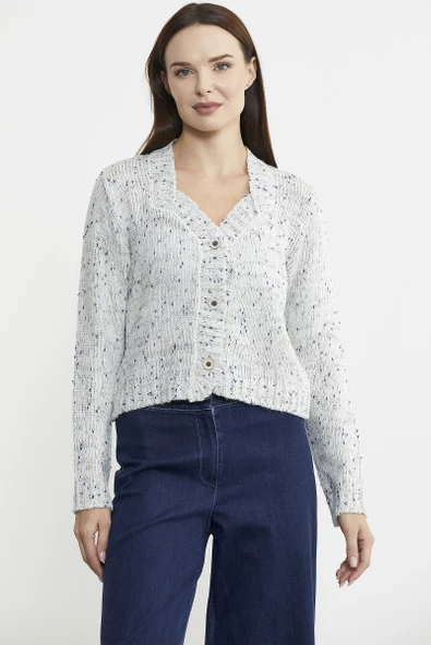 Kırçıllı Yaka Detaylı Yünlü Triko Hırka - Kemik - Resim 3