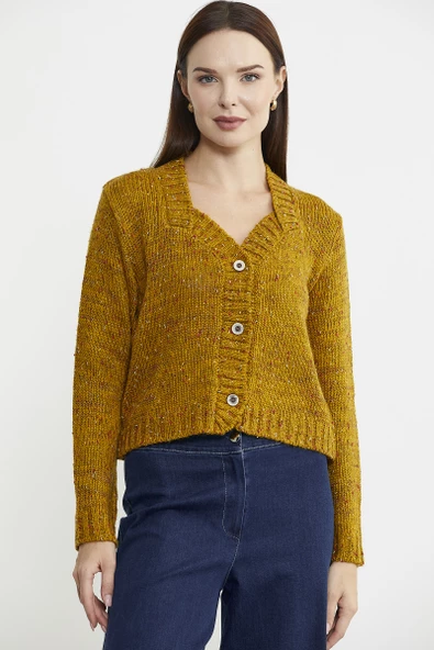 Kırçıllı Yaka Detaylı Yünlü Triko Hırka - Hardal - 2