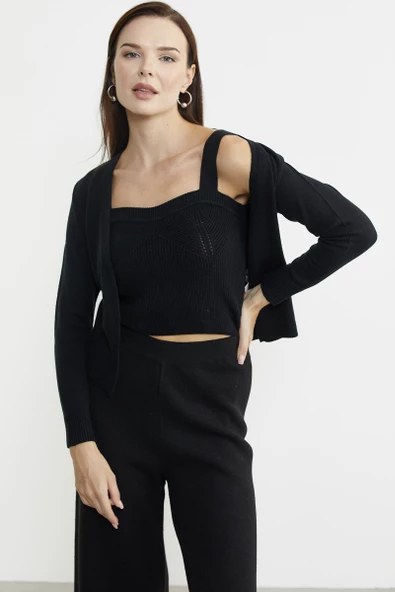 İçi Askılı Triko Hırka Takım - Siyah - 2