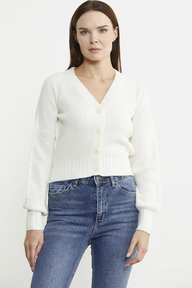 Kısa Düğmeli Yünlü Triko Hırka - Kemik - Resim 2