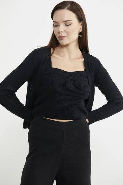 İçi Askılı Triko Hırka Takım - Siyah - 5