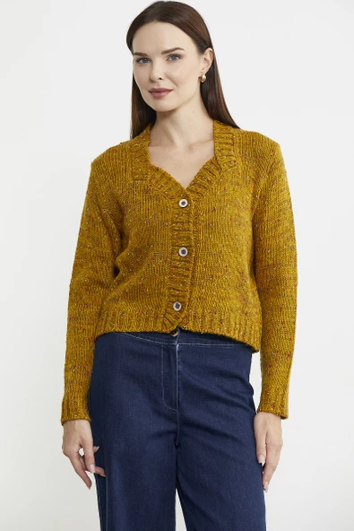 Kırçıllı Yaka Detaylı Yünlü Triko Hırka - Hardal - 4