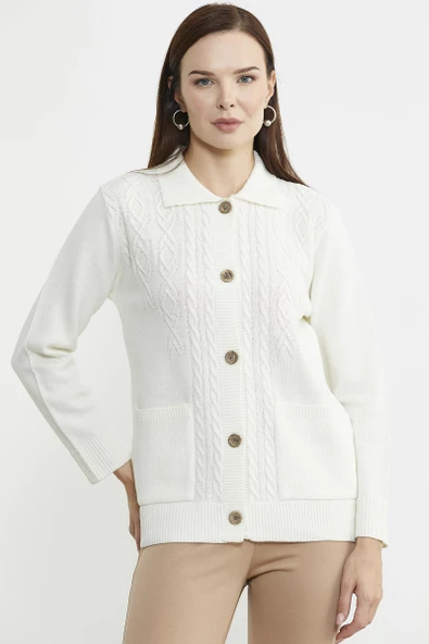 Cep Detaylı Düğmeli Yünlü Triko Hırka - Kemik - Resim 2