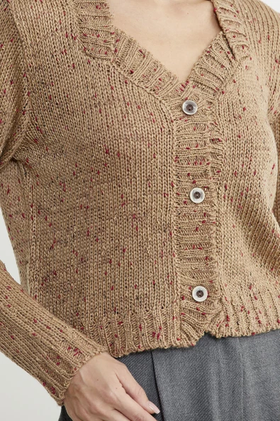 Kırçıllı Yaka Detaylı Yünlü Triko Hırka - Kamel - Resim 4