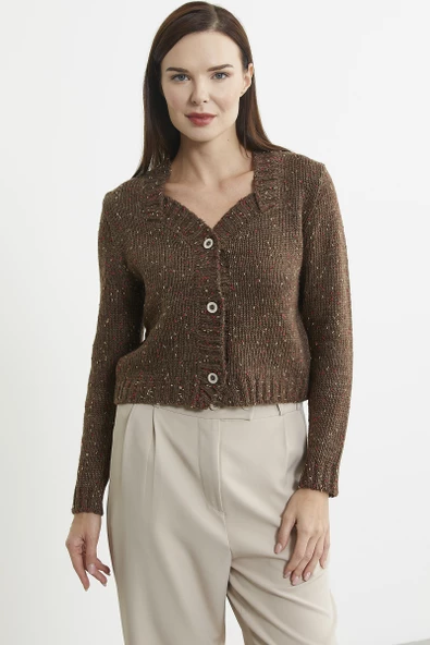 Kırçıllı Yaka Detaylı Yünlü Triko Hırka - Kahve - Resim 2