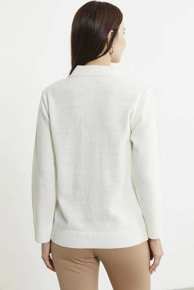 Cep Detaylı Düğmeli Yünlü Triko Hırka - Kemik - Resim 6