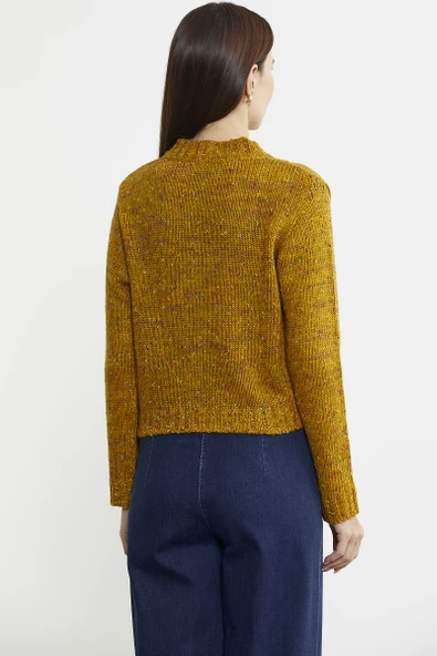 Kırçıllı Yaka Detaylı Yünlü Triko Hırka - Hardal - 6