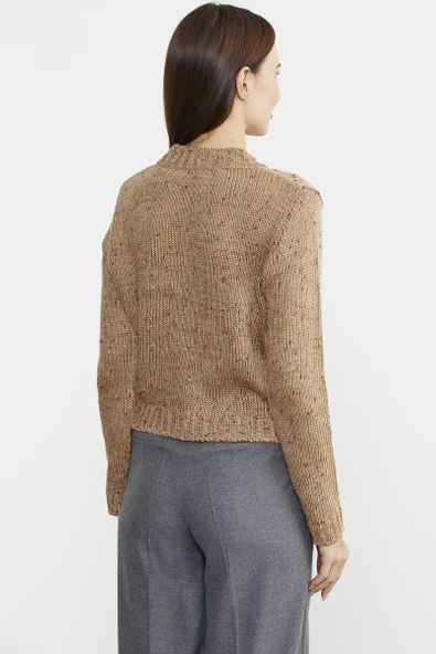 Kırçıllı Yaka Detaylı Yünlü Triko Hırka - Kamel - Resim 5
