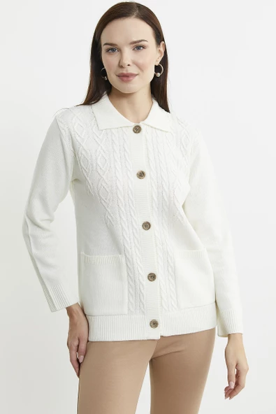 Cep Detaylı Düğmeli Yünlü Triko Hırka - Kemik - Resim 4