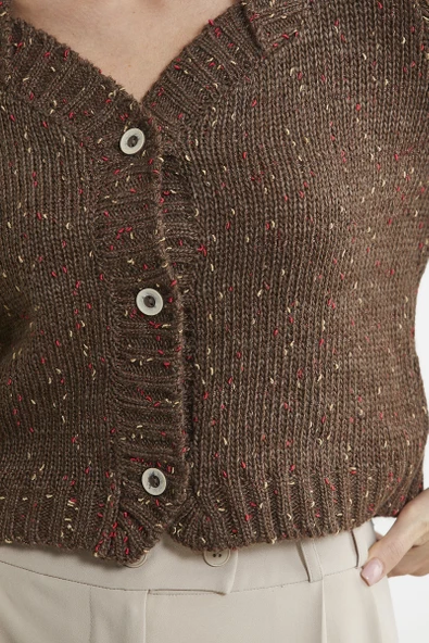 Kırçıllı Yaka Detaylı Yünlü Triko Hırka - Kahve - Resim 4