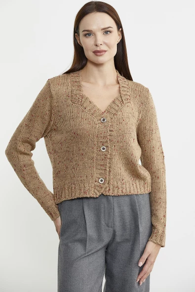 Kırçıllı Yaka Detaylı Yünlü Triko Hırka - Kamel ürün görseli