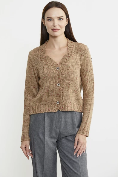 Kırçıllı Yaka Detaylı Yünlü Triko Hırka - Kamel - Resim 2