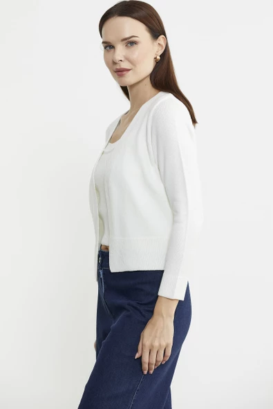 İçi Askılı Triko Hırka Takım - Kemik - 5