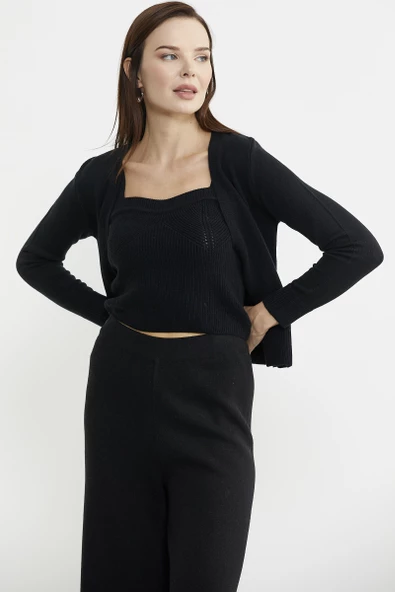 İçi Askılı Triko Hırka Takım - Siyah - 3