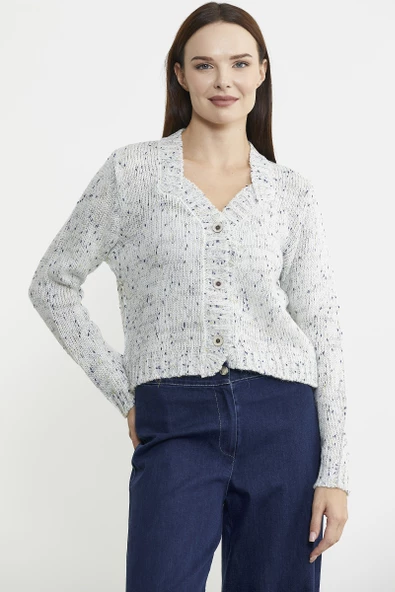 Kırçıllı Yaka Detaylı Yünlü Triko Hırka - Kemik - Resim 2